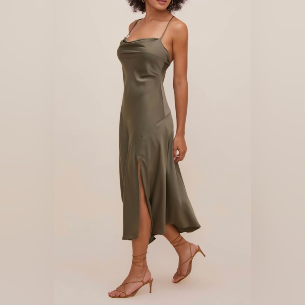 🟤🟤NWT! ASTR THE LABEL Gaia Cowl Neck Satin Midi Dress in Sage